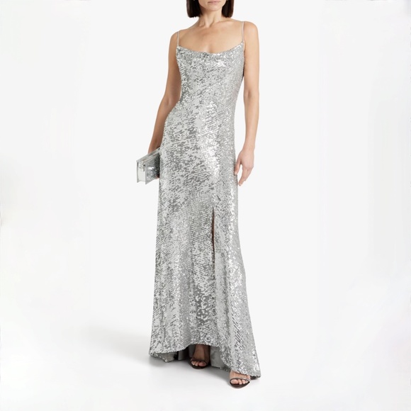 Jonathan Simkhai Silver Finley All Over Sequined Lined Dress Gown IT44 - Picture 8 of 16